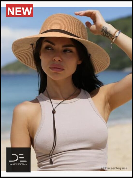 Womens Wide Brim Sun Hat with Wind Lanyard UPF 50+ Straw main image 4
